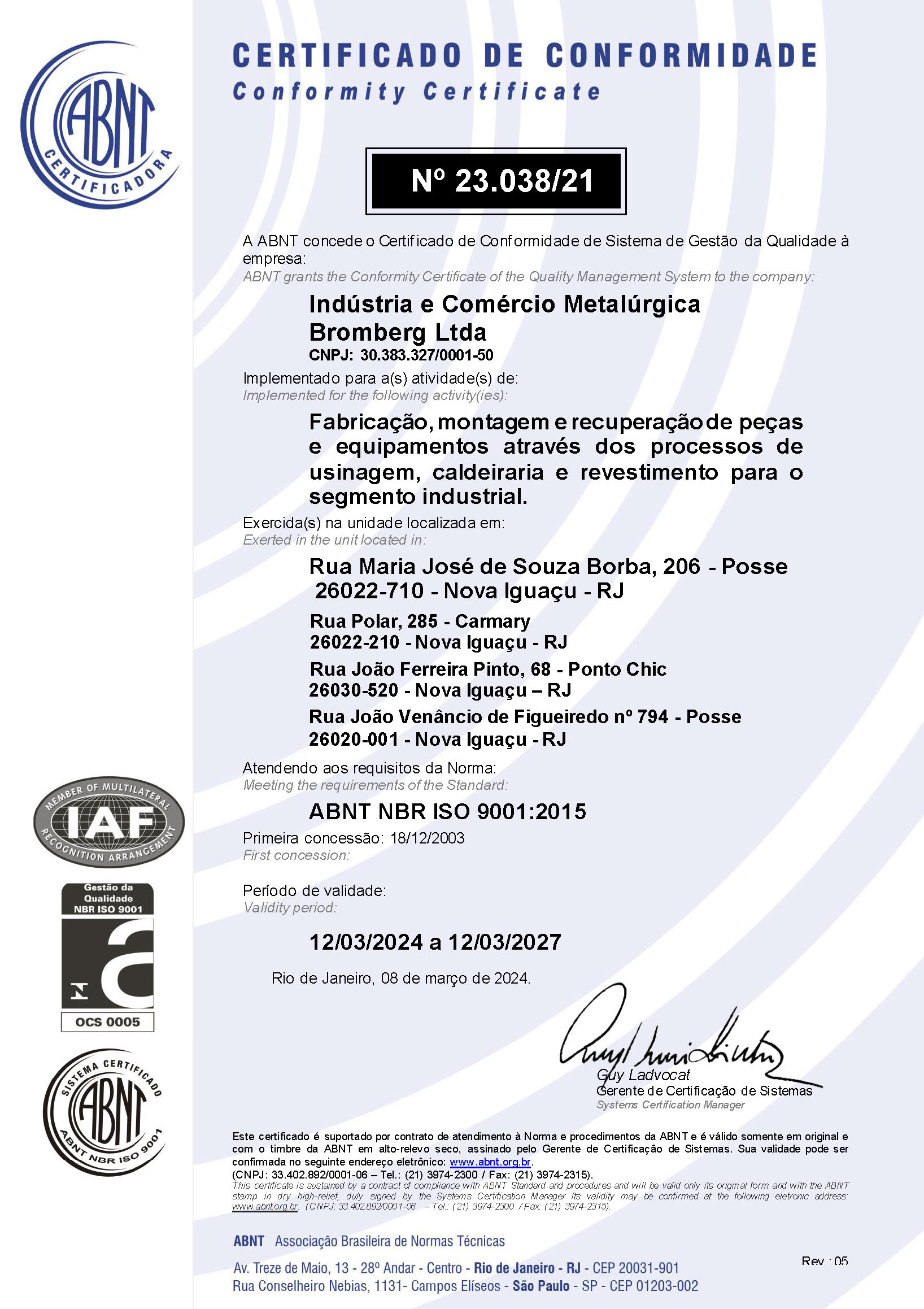 Pré-visualização do Certificado ISO 9001:2015 — Metalúrgica BROMBERG